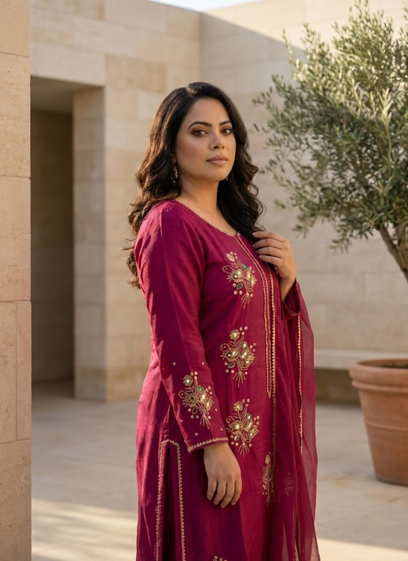 Luxury bridal salwar kameez with silk kameez and salwar, Kota net dupatta, and premium handwork.