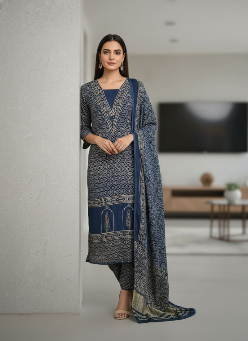 Pure Modal Ajrak Salwar Suit – Kari Border Dupatta