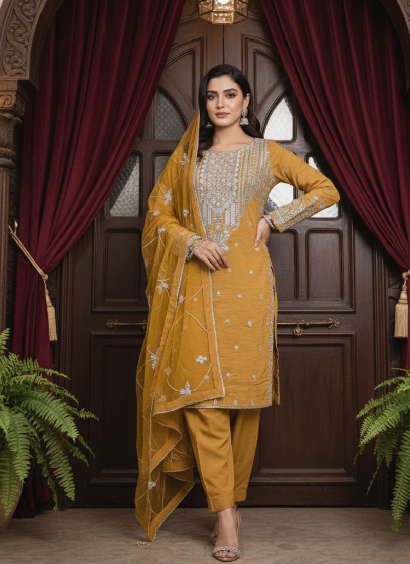 Ochre Pakistani Salwar Suit – Cotton with Silver Embroidery & Dupatta