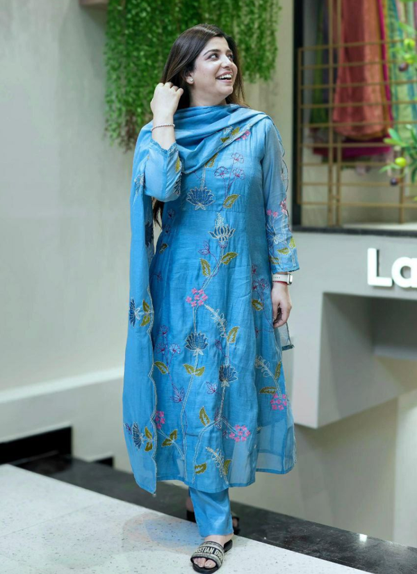 Blue Punjabi Suit in Chanderi Cotton with Embroidery + Dupatta Australia