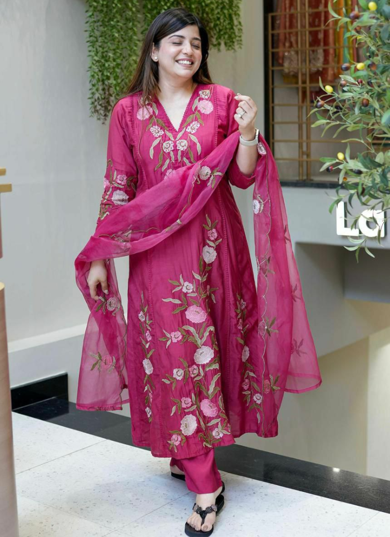 Pink Anarkali Suit in Pure Chanderi Silk with Embroidery + Organza Dupatta