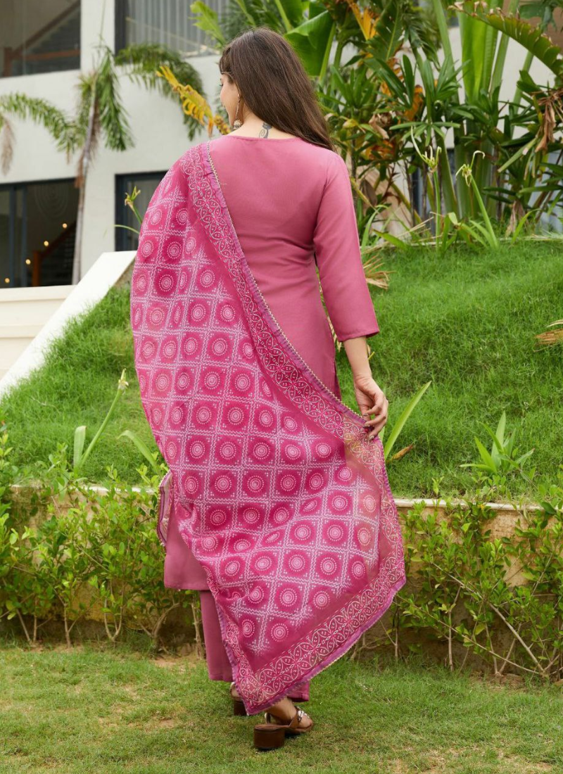 Rayon Embroidered Punjabi Suit Set with Pant & Taby Dupatta