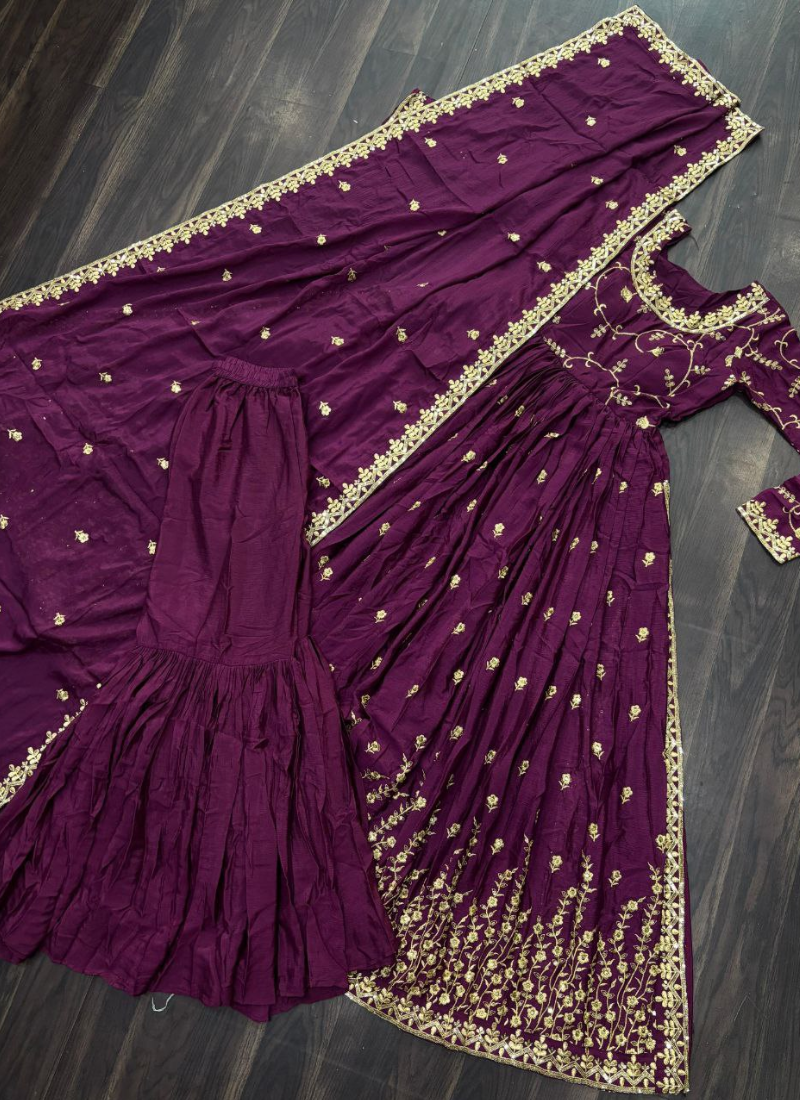 Rama Anarkali Gown in Chinon with Sequins Embroidery + Sharara & Dupatta