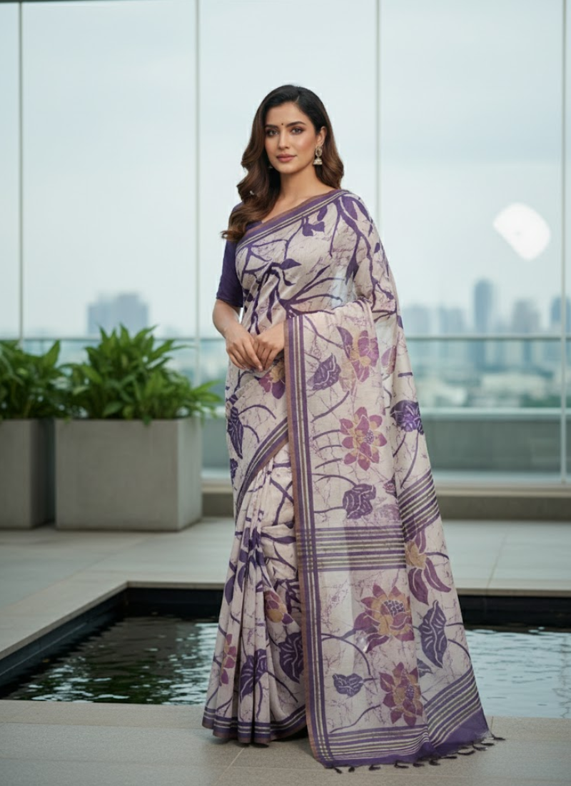 Dhanwari Silk Saree with Floral Print & Zari Border + Contrast Blouse