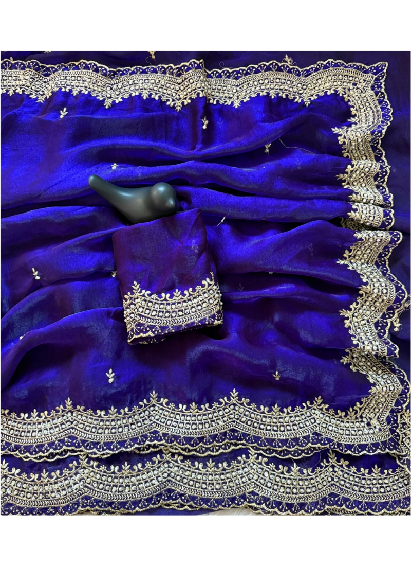 Fendy Satin Silk Saree – Gold Embroidery with Pearl Detailing & Matching Blouse