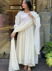 Mul Mul Cotton Punjabi Suit with Floral Embroidery & Scallop Dupatta 1