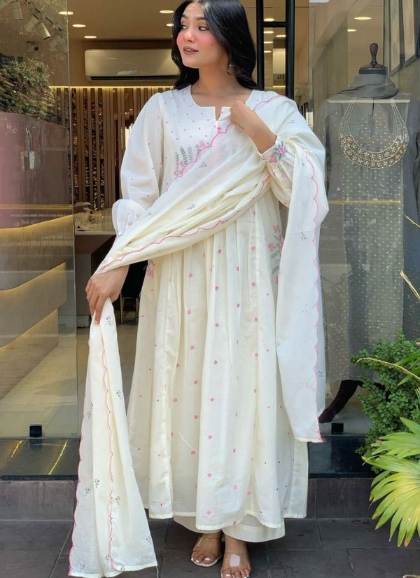 Mul Mul Cotton Punjabi Suit with Floral Embroidery & Scallop Dupatta Australia