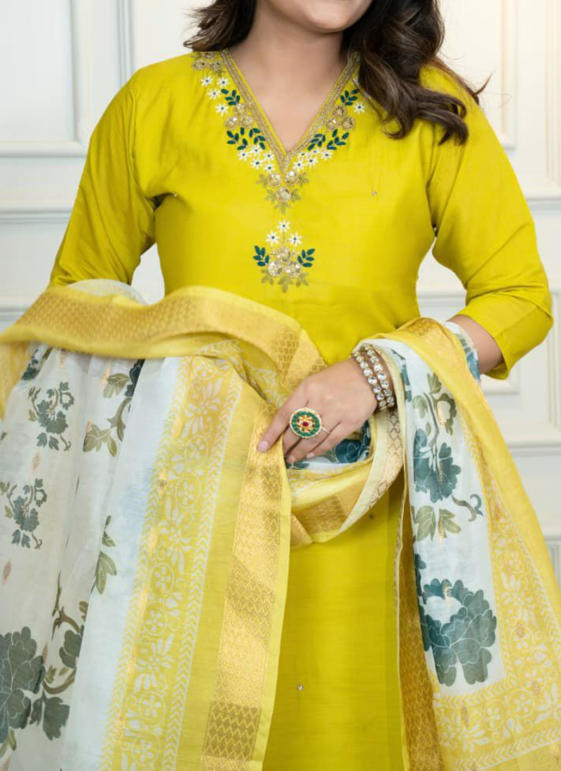 Roman Silk Punjabi Suit with Handwork & Digital Print Chanderi Dupatta