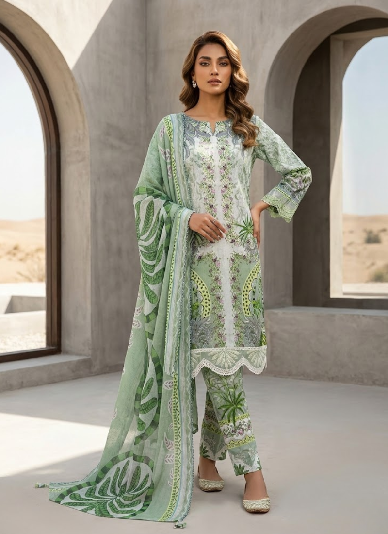 Pakistani lawn cotton salwar kameez with chiffon dupatta, lace sleeves, embroidery, tassels, and premium detailing.