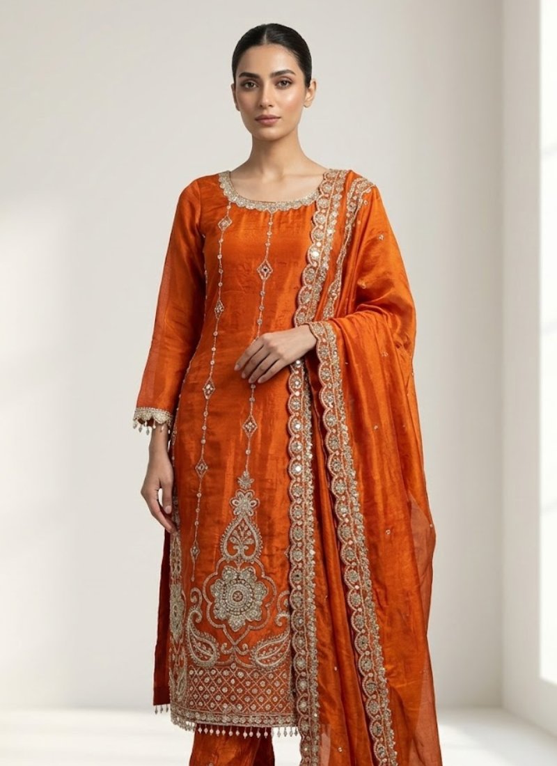 Punjabi Suit in Fendy Silk with Thread & Sequins Embroidery + Cutwork Dupatta
