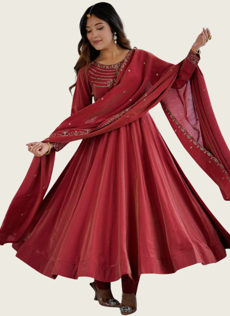 Roman Shimmer Chanderi Silk Anarkali Suit with Beads Work & Dupatta | Gleemium fashion