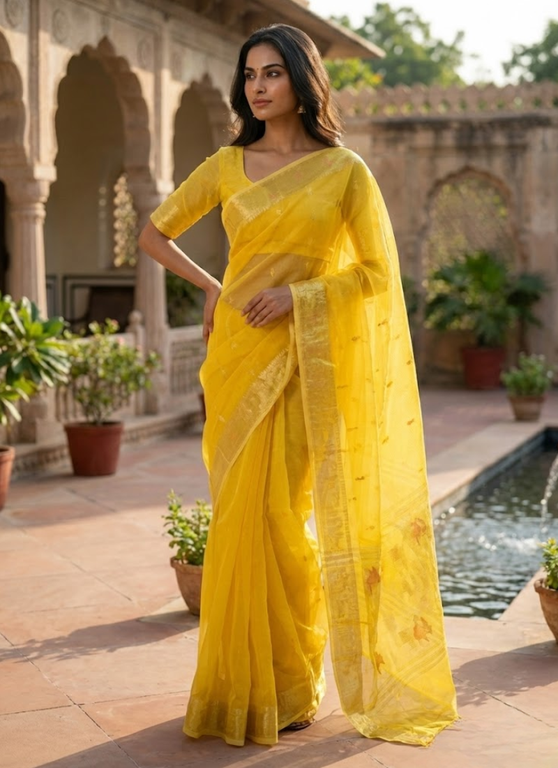 Bright Yellow Jamdani Saree with Mari Thread Work