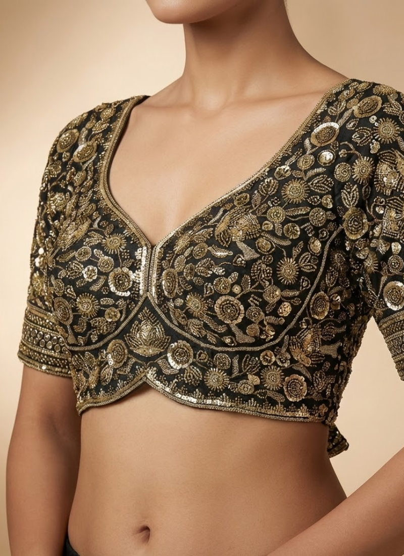 Women’s Roman silk blouse with heavy Jari and beads work, padded fit, 12 inch sleeves, and festive design.