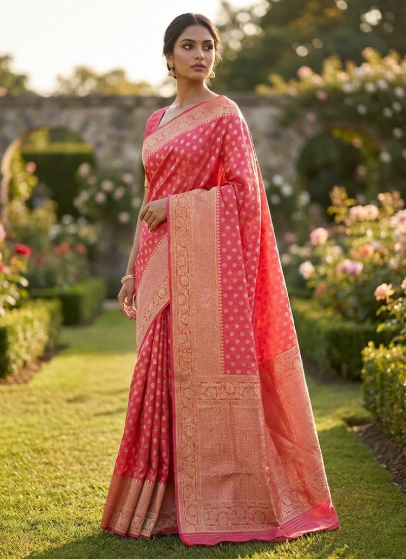 Red Banarasi Katan Silk Bridal Saree with Blouse Piece