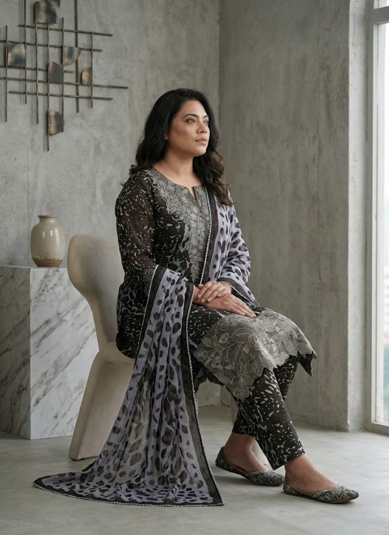 Elegant Pakistani salwar kameez in lawn cotton with chiffon dupatta and lace work on sleeves