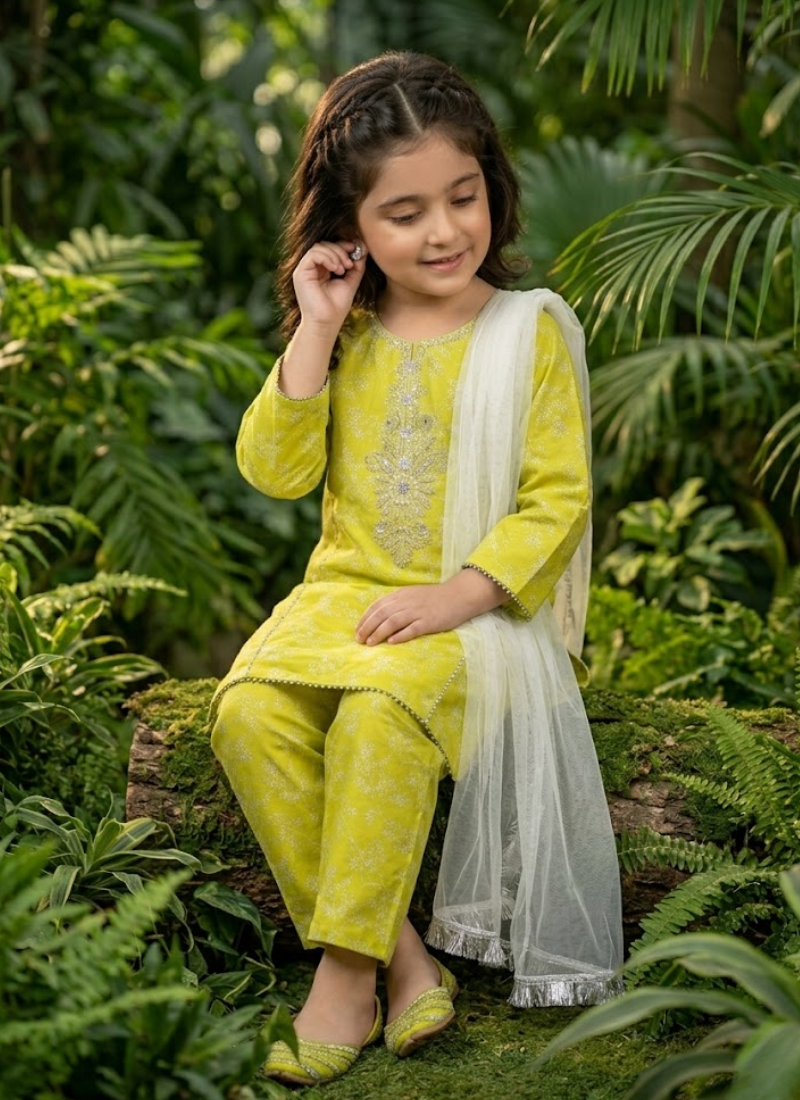 Girl’s 3‑Piece Embroidered Cotton Midi Shirt Set