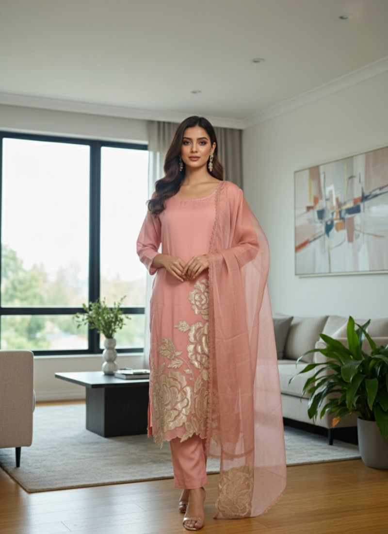 Peach Pink Silk Organza Salwar Kameez with Cut Work Dupatta