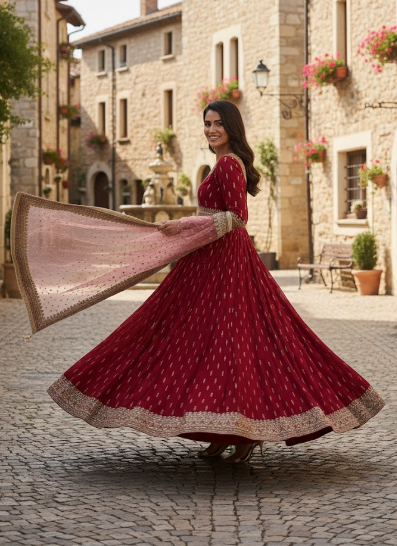 Chinon Silk Embroidered Gown Set with Net Dupatta