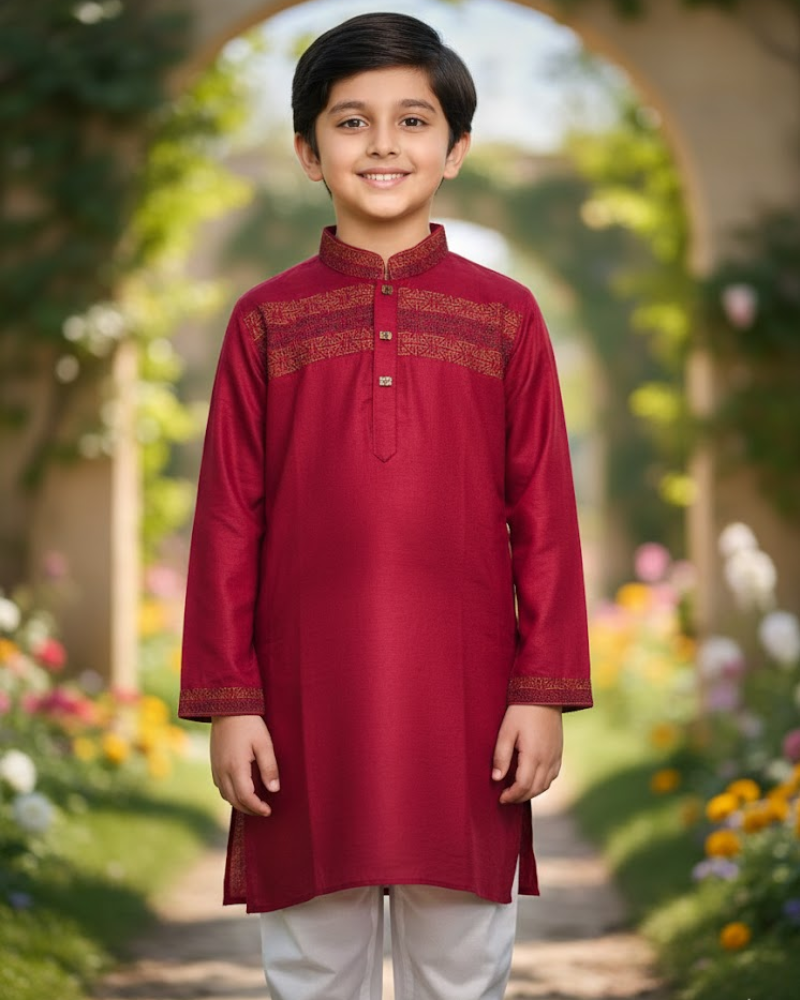 Kids Red Linen Kurta with Embroidery & White Cotton Pyjama