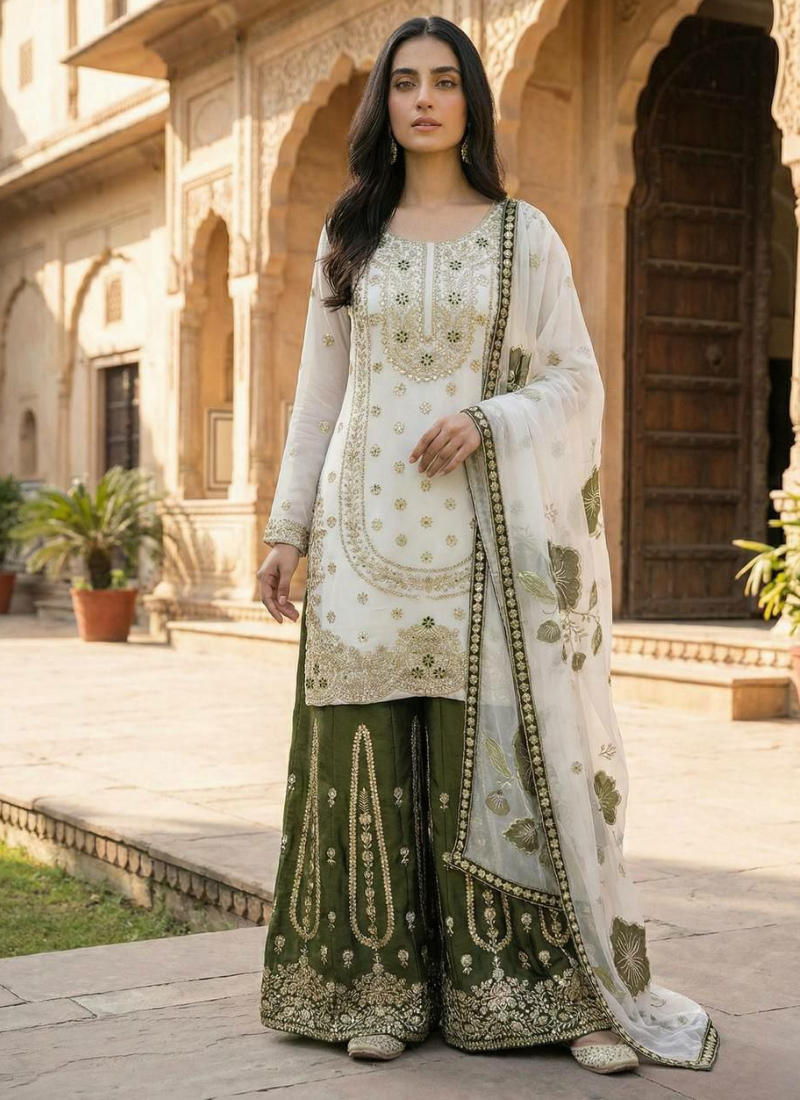 Sharara Suit in GMY Silk with Heavy Embroidery, Sequins Work & Organza Dupatta