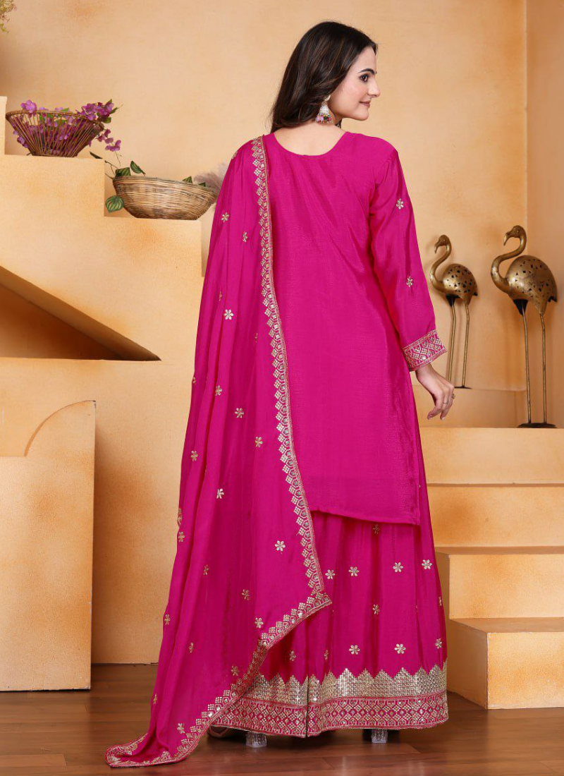 Sharara Suit in Chinon with Sequins Embroidery Work + Dupatta - View 4