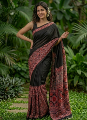 Ajrak Printed Silk Saree – Digital Print with Real Mirror Handwork & Satin Blouse 4