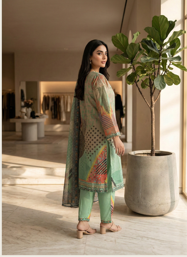 Mint Green Floral Organza Salwar Suit with Pearl Work
