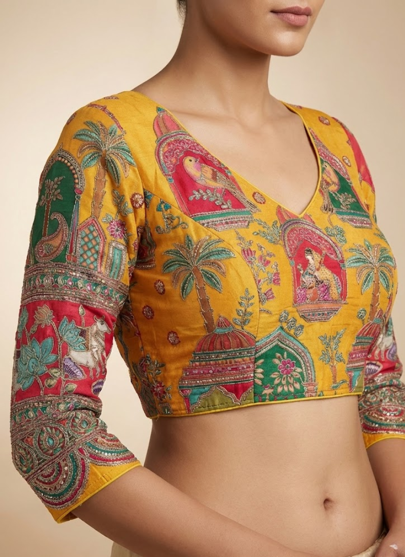 Luxury bridal blouse with pure crepe fabric, padded design, back dori opening, and heavy Chinon print.