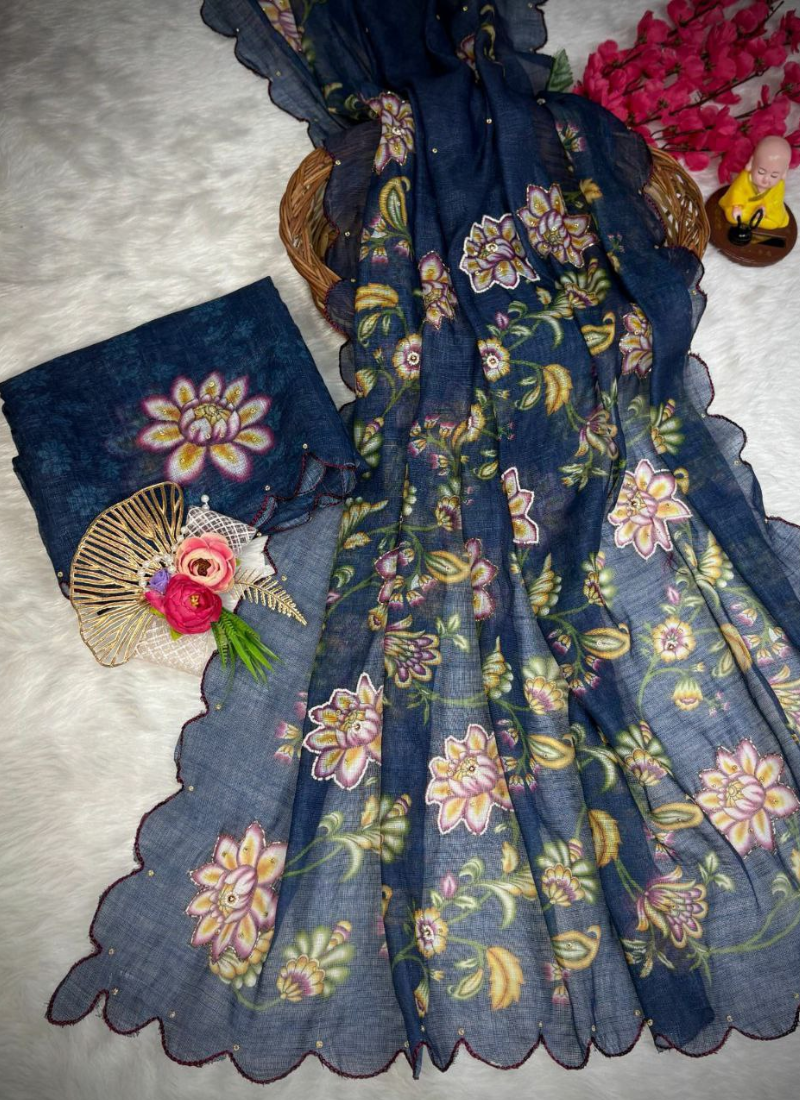 Soft Cotton Indian Saree with Digital Print & Khatli Work Border - View 4