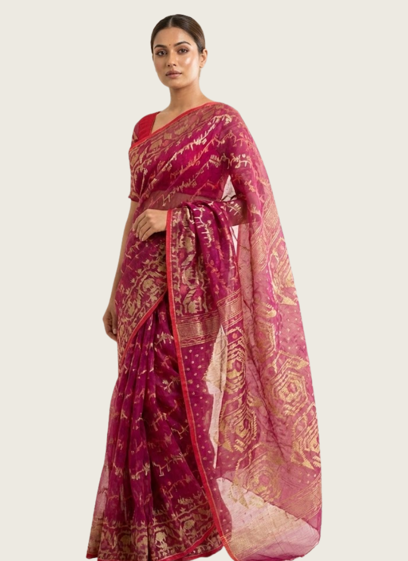 Dark Magenta Jamdani Saree with Mari Thread Work
