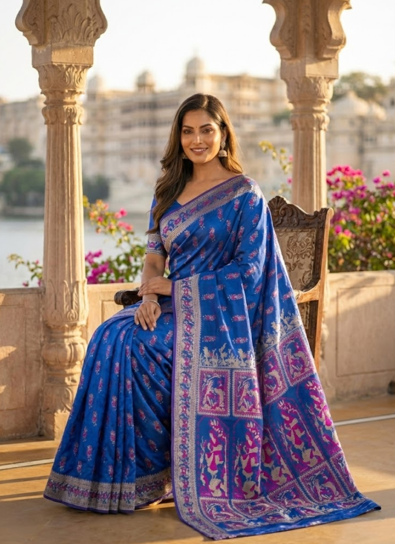 Royal Blue Sharnachura Silk Saree – Zari Work with Blouse Piece