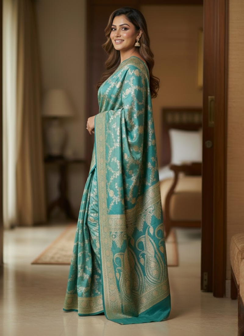 Dual Shaded Green & Gold Katan Silk Saree with Blouse