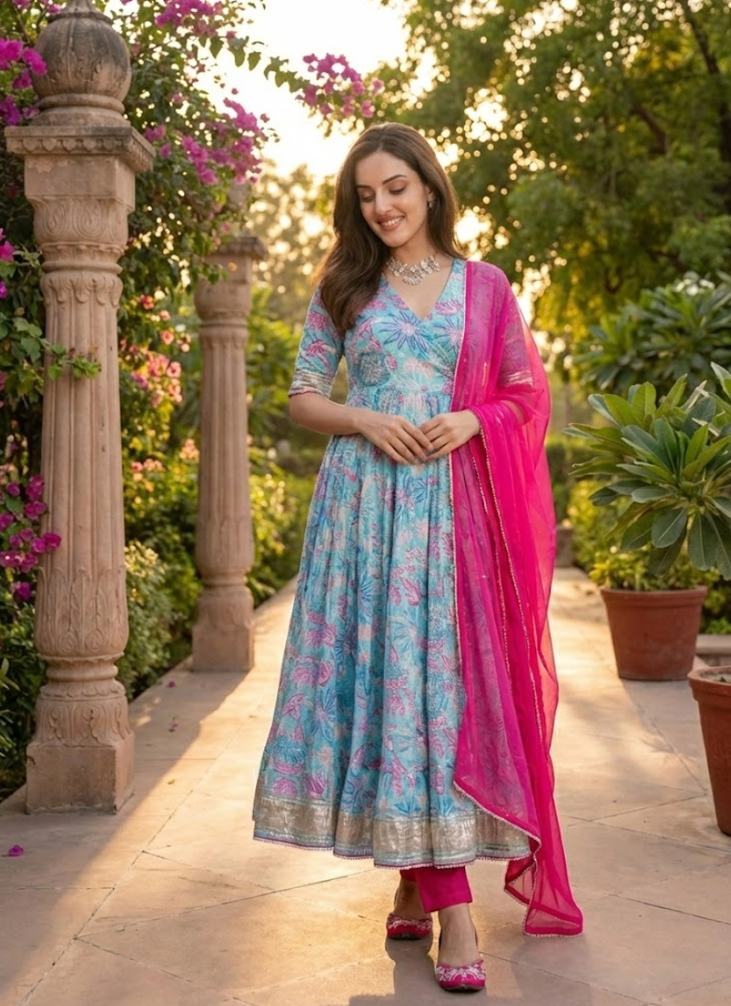 Maslin Anarkali Salwar Suit with Lace Work & Dupatta