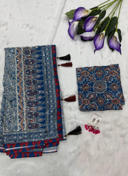 Ajrak Printed Silk Saree – Digital Print, Mirror & Sequins Handwork with Satin Blouse 11