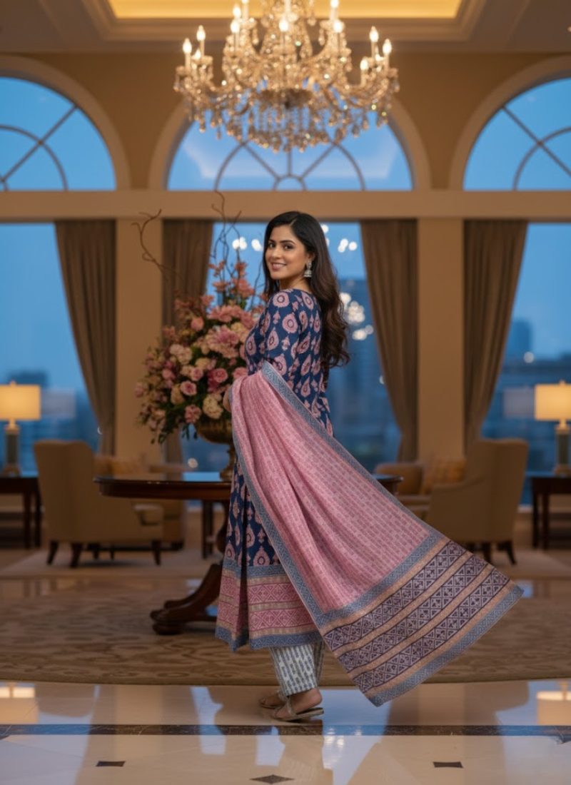Cotton Block Printed Salwar Suit – Royal Blue & Pink