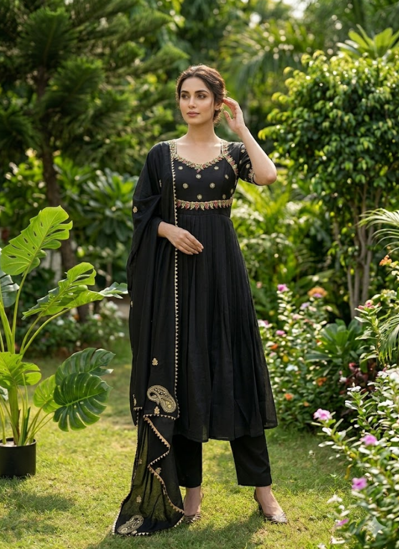 Vichitra Silk Gown Set with Dupatta – Thread & Sequence Work