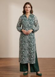 Bottle Green Silk Chikankari Co‑Ord Set with Divider Bottom 1