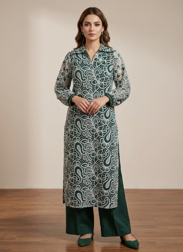 Bottle Green Silk Chikankari Co‑Ord Set with Divider Bottom