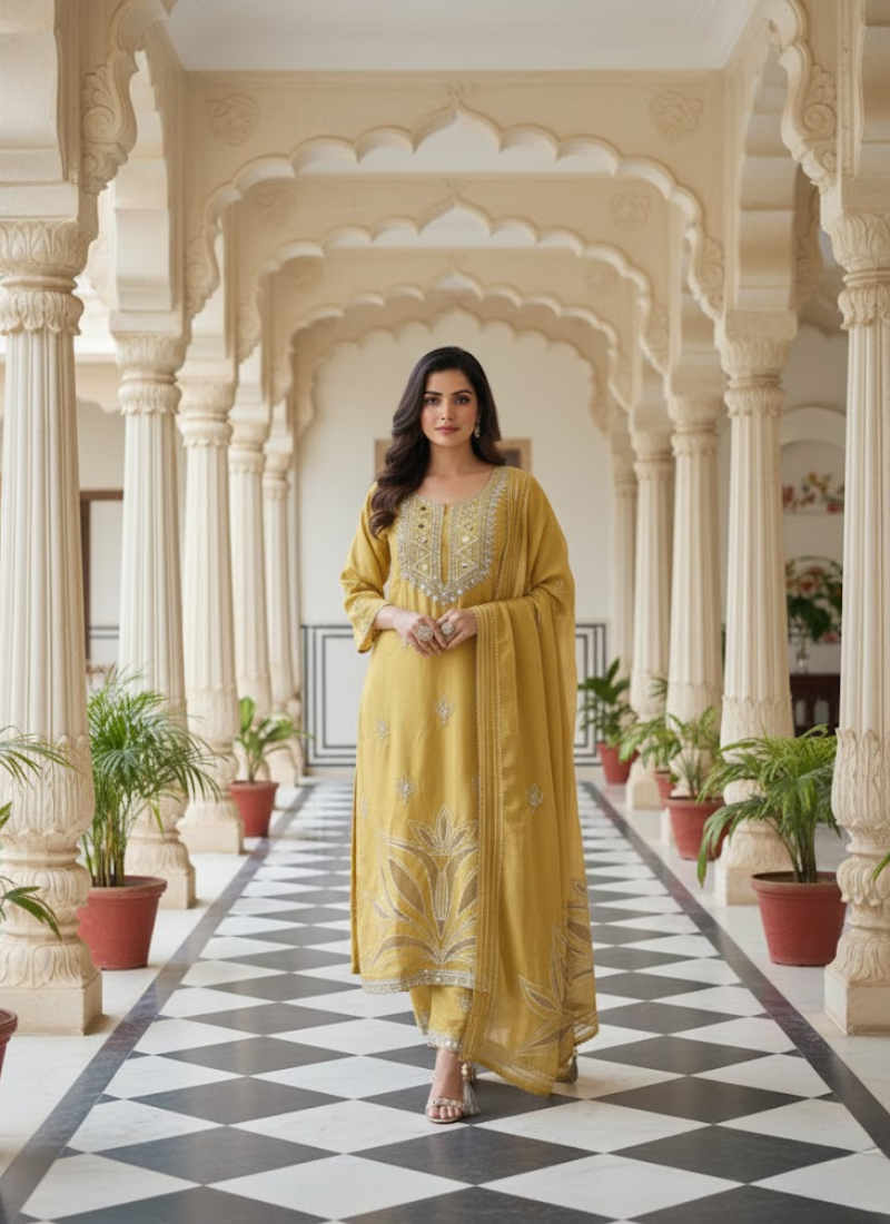 Pakistani Chinon Silk Salwar Suit with Mirror & Cut Work