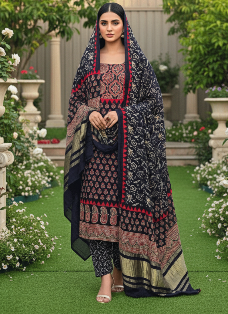 Green Ajrak Salwar Suit – Pure Modal Fabric with Jari Border Dupatta