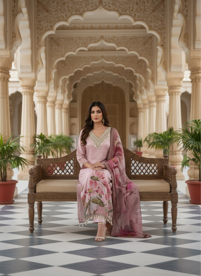 Light Pink Salwar Kameez with Embroidery & Printed Dupatta