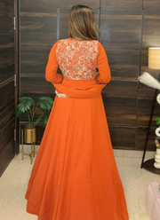 Orange Faux Georgette Anarkali Gown with Embroidery + Pant & Dupatta 4