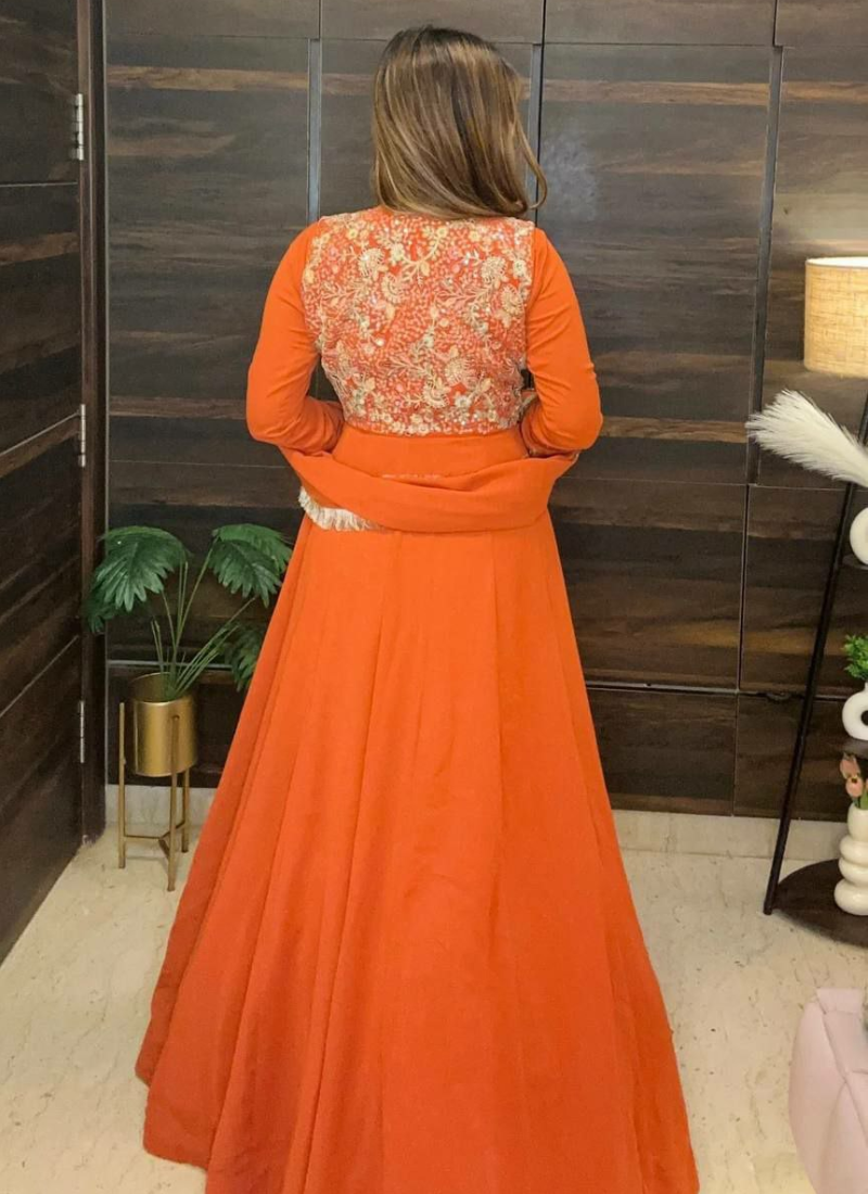 Orange Faux Georgette Anarkali Gown with Embroidery + Pant & Dupatta