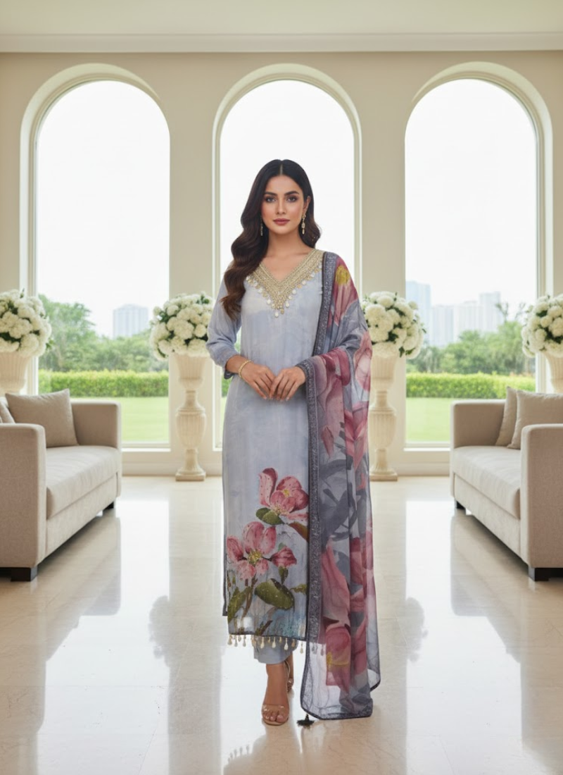 Light Purple Salwar Kameez with Embroidery & Printed Dupatta