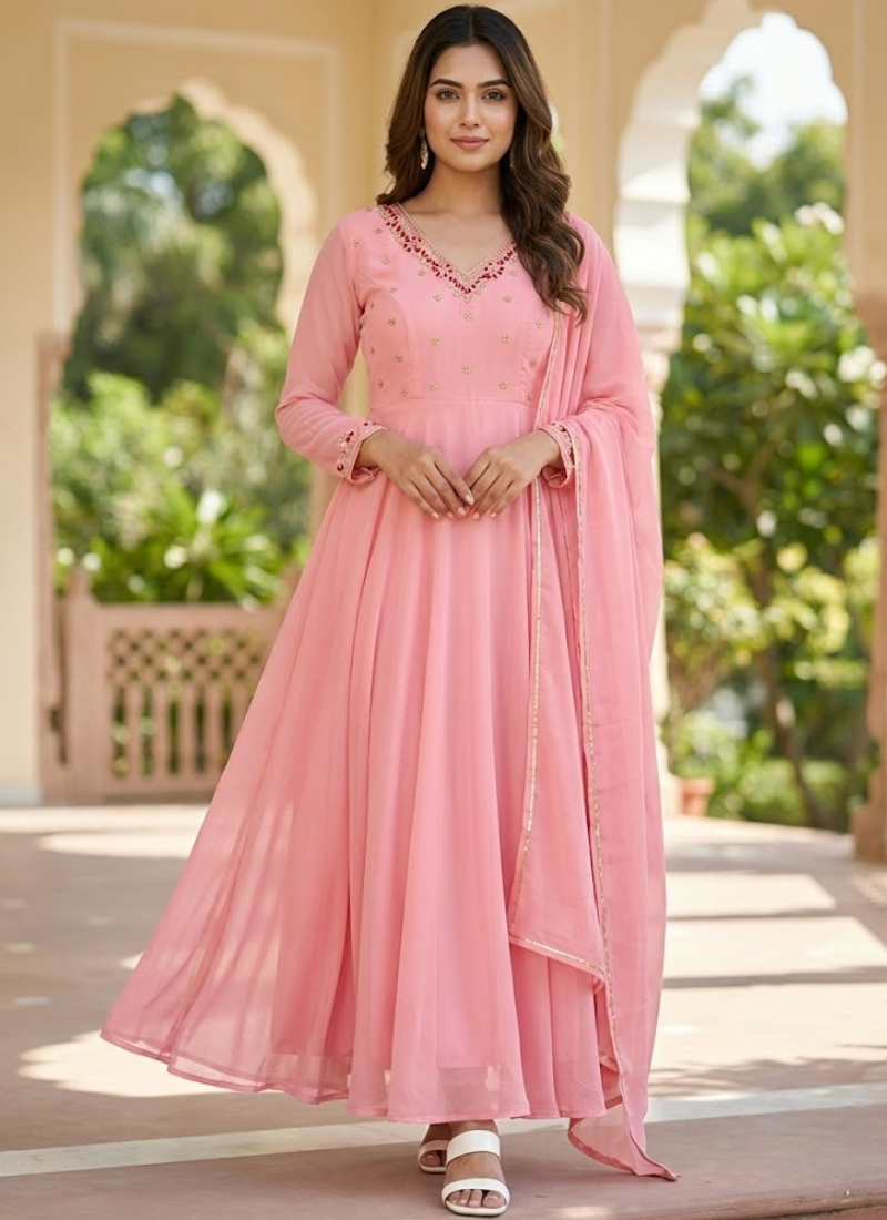 Fox Georgette Anarkali Suit with Handwork & Golden Lace Dupatta