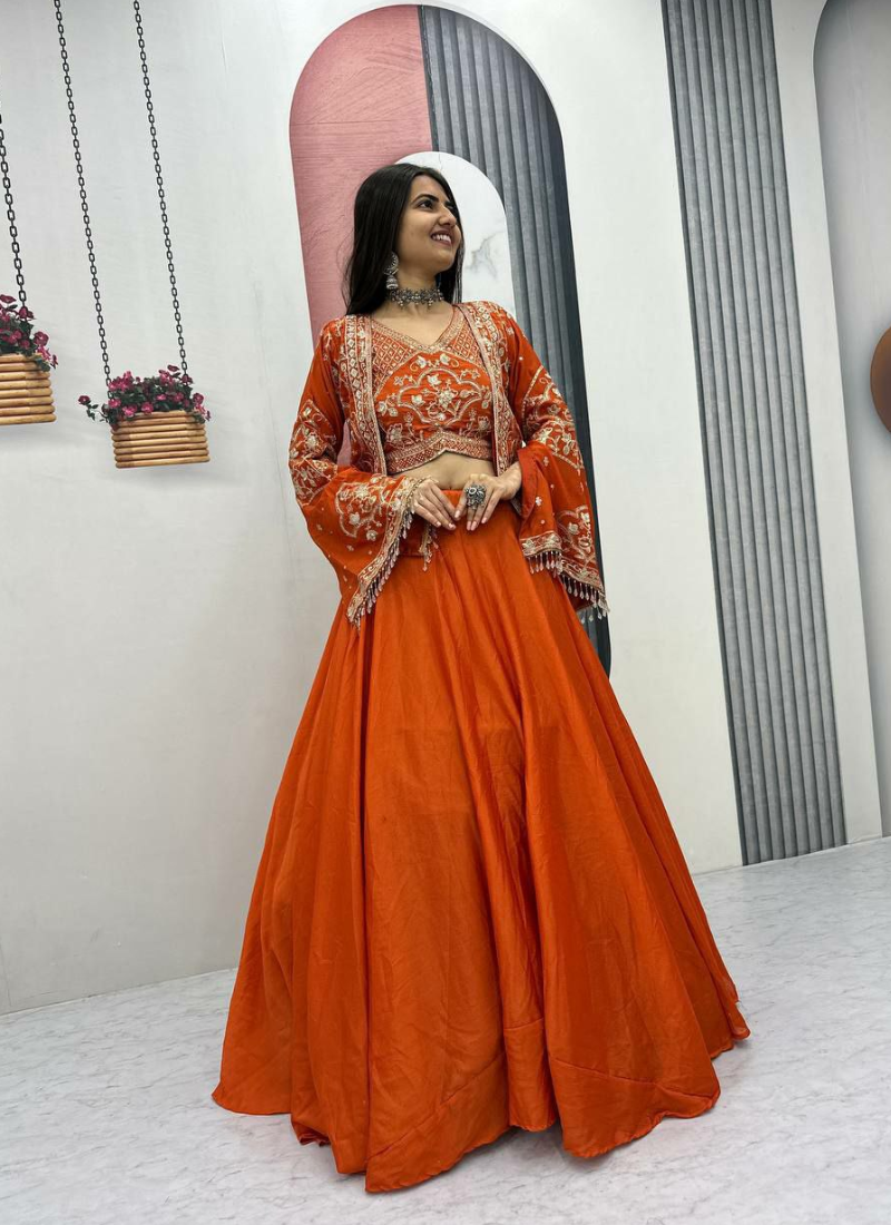 Chinon Lehenga Choli with Embroidered Jacket