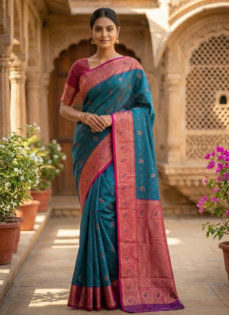 Sea Green Katan Silk Saree – Mina Work & Magenta Border