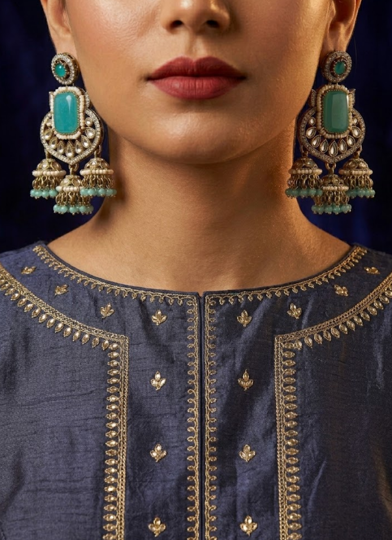 Sky Blue Kundan Earrings with Jhumki - View 4
