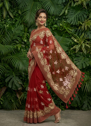 Pure Maslin Saree with Embroidery &amp; Matching Blouse Piece 3