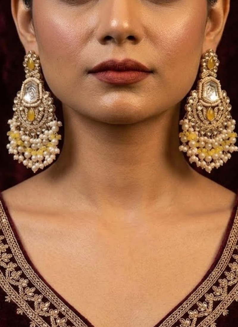 Ziva Kundan Earrings – Mix Metal Base with Moti Work - View 2